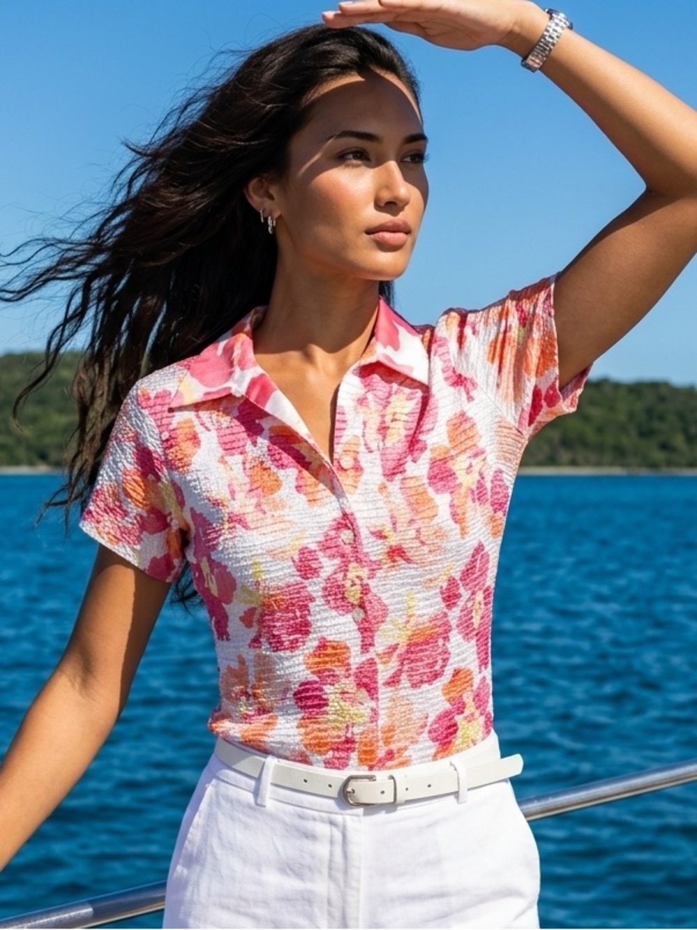 Vintage Petite Sophisticate Short-sleeve Button-down Crinkle blouse Tropical
